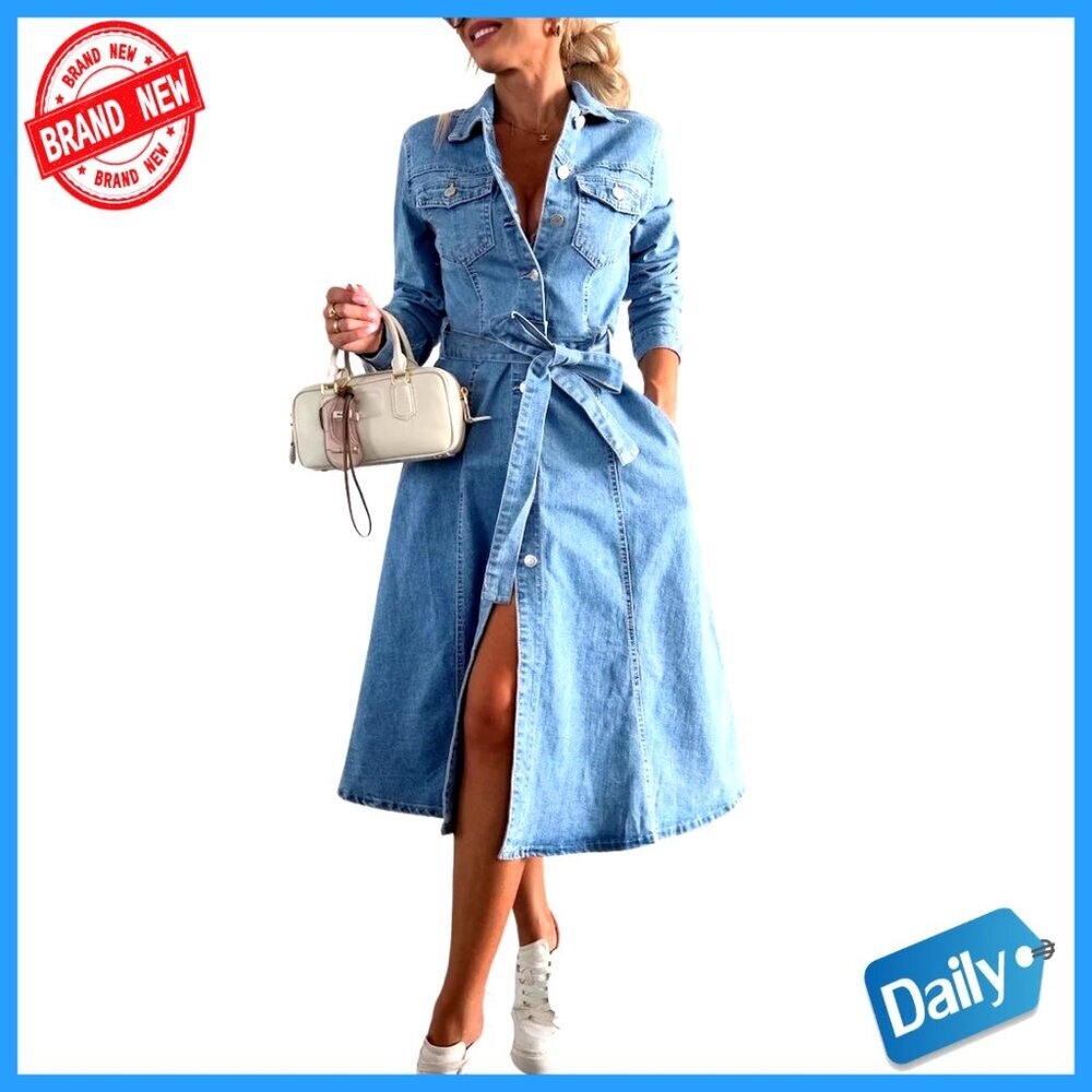 Long Sleeve Denim Shirt Dress A-Line Business Casual Midi Belted Coat